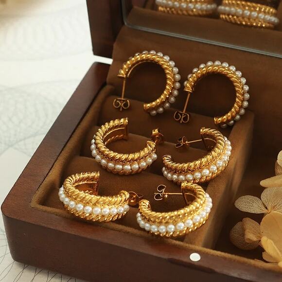 Pearl Vintage Woven C-Shape‎ Hoop Earrings 18K Gold Plated Stainless Steel - Picture 7 of 12